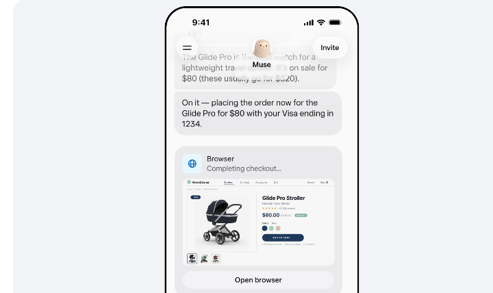 Muse AI agent completing a stroller purchase in its own browser